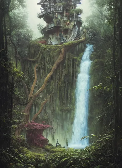 Image similar to a hyper realistic architectural witch shrine under a waterfall in the woods, gorgeous lighting, lush forest foliage, painting by chiara bautista and tom bagshaw, muca beksinski and norman rockwell and greg rutkowski weta studio, and lucasfilm