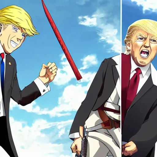 Prompt: joe biden and donald trump as anime characters from attack on titan fighting each other with swords