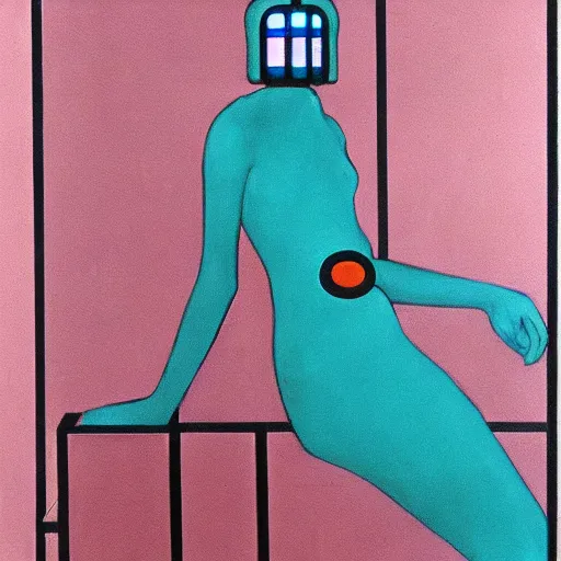 Prompt: art deco ‘dead space’, piet mondrian, femme bot, teal palette