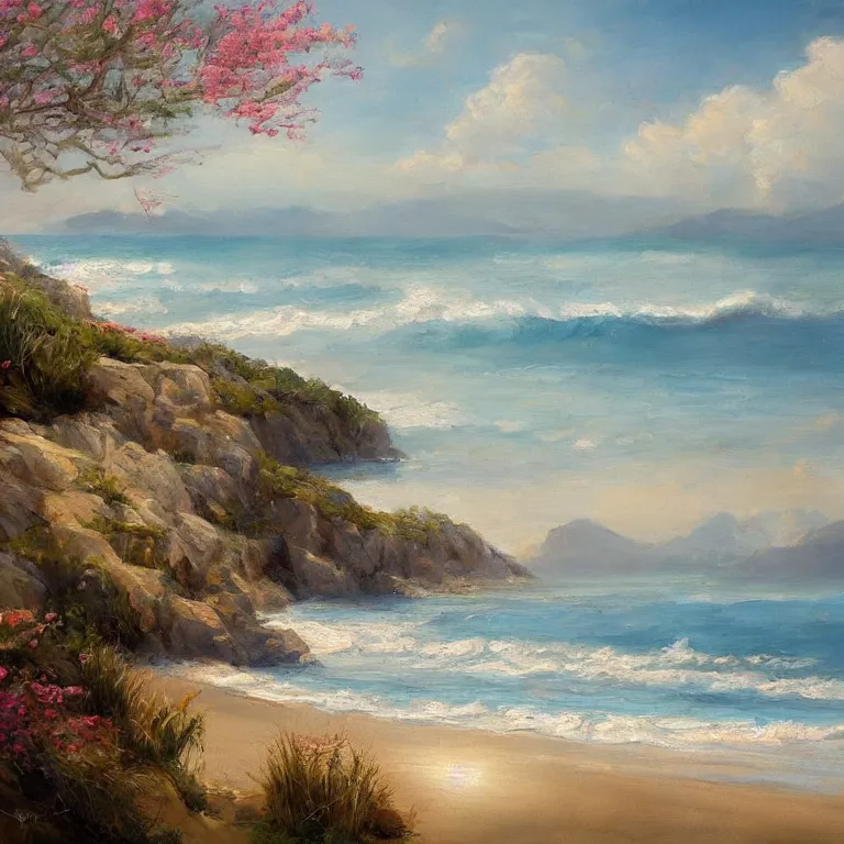 Image similar to a beautiful masterpiece painting of a coastal beach seascape in spring with by juan gimenez, award winning, trending on artstation,