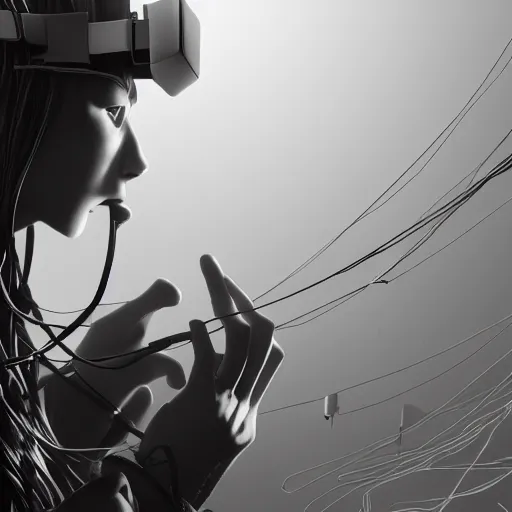 Prompt: rpg character concept art, modular synth musician patching cables, wires flying in the air, wearing a bespoke vr headset designed by demobaza, in the style of jamie hewlett hiroya oku riyoko ikeda, 3 d render, artstation trending, 8 k, octane render, photorealistic, sharp detail, manga, black and white