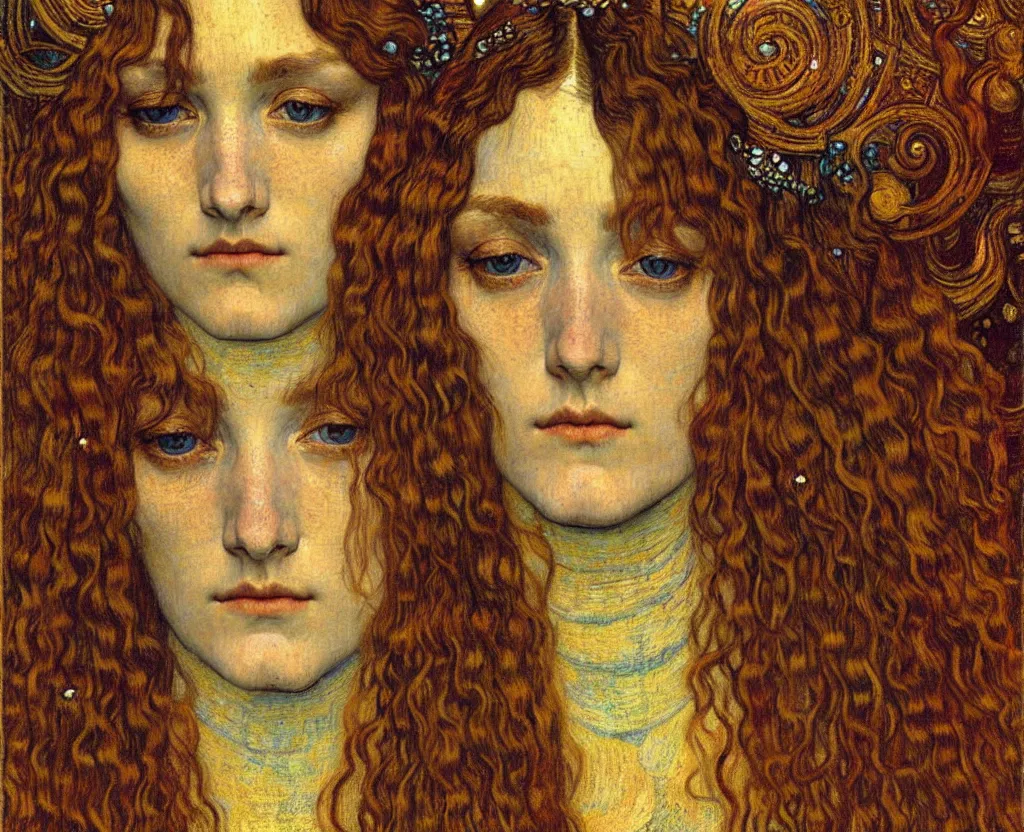 Image similar to detailed realistic beautiful young medieval queen face portrait by jean delville, gustav klimt and vincent van gogh, art nouveau, symbolist, visionary, gothic, pre - raphaelite, muted earthy colors, desaturated