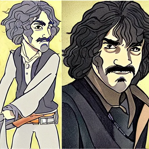 Image similar to precisely drawn illustration of inigo montoya drawn in the style of studio ghibli, full color, anime, manga style