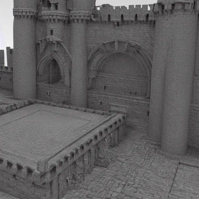 Image similar to complex 3 d render, hyper realistic, looking close up at a well maintained castle