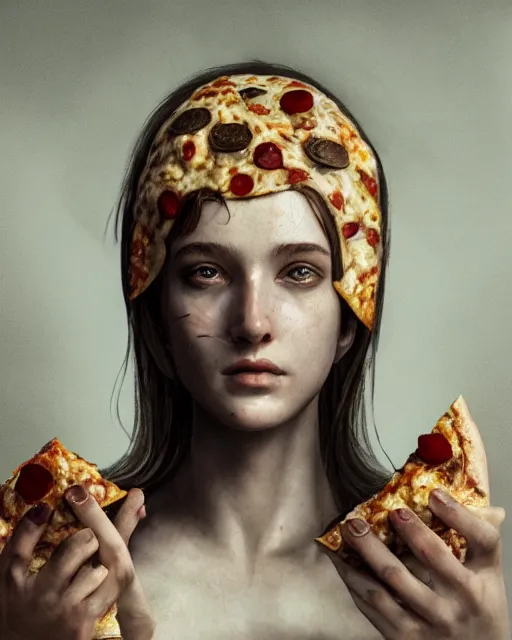 Image similar to Beautiful art portrait of statue of a female made of pizza, atmospheric lighting, intricate detail, cgsociety, hyperrealistic, octane render, RPG portrait, ambient light, dynamic lighting,