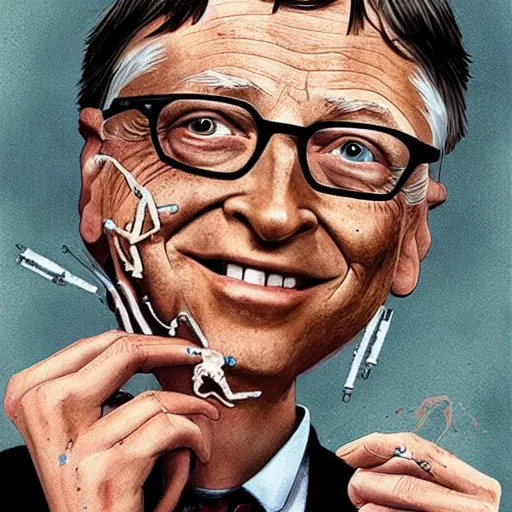 Image similar to bill gates holding a vaccine in his hand, body horror, by ralph steadman