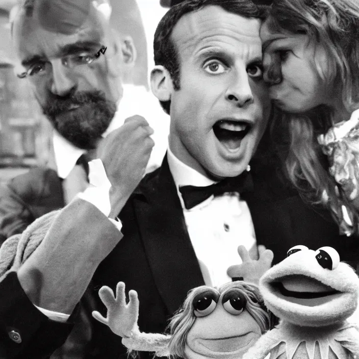 Prompt: movie still of Emmanuel Macron taking cocaine with Kermit in the muppet show, grainy picture cinemastill 800t 70s movie 18mm