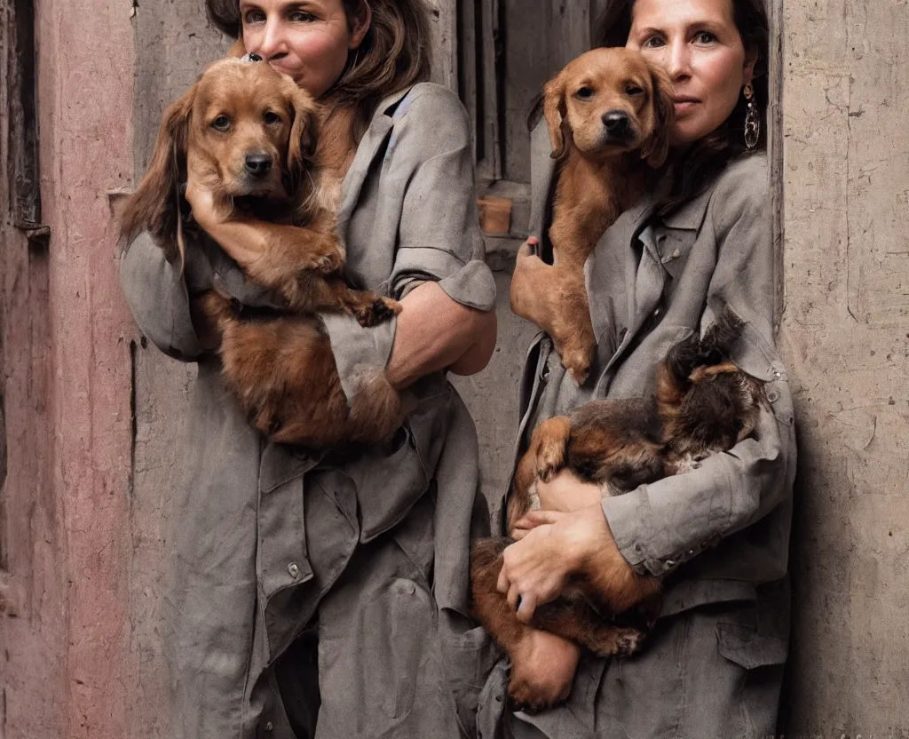 Image similar to closeup portrait of beautiful woman carrying a dog, smoky new york back street, by annie leibovitz and steve mccurry, natural light, detailed face, canon eos c 3 0 0, ƒ 1. 8, 3 5 mm, 8 k, medium - format print