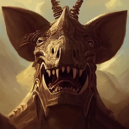 Image similar to triceratops, aztec headdress, greg rutkowski, digital illustration, concept art, dnd, face, fantasy, intricate, elegant, highly detailed, digital painting, artstation