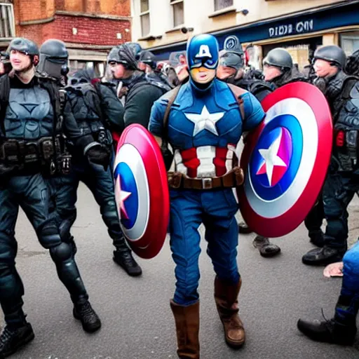 Image similar to photo of captain america fighting an edl march in a british pub