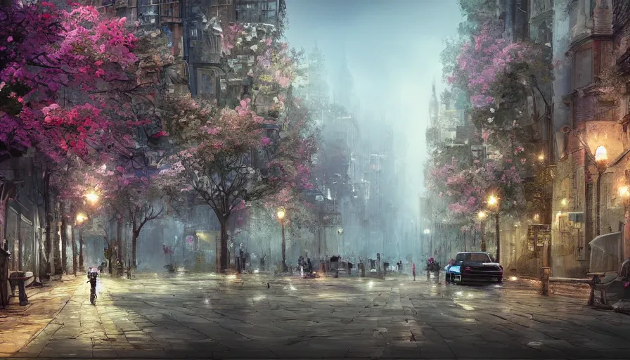 Image similar to magnificent city in late spring, flowers will fade, some fog, realistic style, high details, scene concept. digital art, trending on artstation