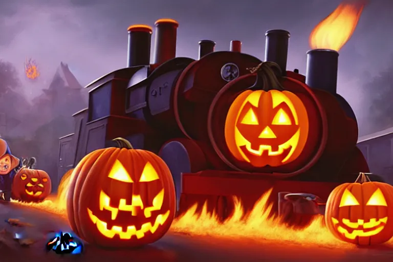 Image similar to portrait of thomas the tank engine hauling jack - o - lantern on fire, halloween night, charlie bowater, artgerm, ilya kuvshinov, krenz cushart, ruan jia, realism, ultra detailed, 8 k resolution