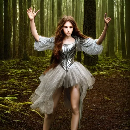 Prompt: a masterpiece ultrarealistic ultradetailed portrait of silver armored magic knight, in a forest, long brown hair, woman, fashion pose, baroque renaissance. photo by philip - daniel ducasse and yasuhiro wakabayashi and jody rogac, telephoto, intricate, elegant, global illumination. vfx