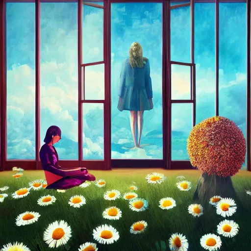 Prompt: huge daisy flower head, girl in suit, standing next to modern window in luxury apartment, surreal photography, sunlight, impressionist painting, digital painting, artstation, simon stalenhag