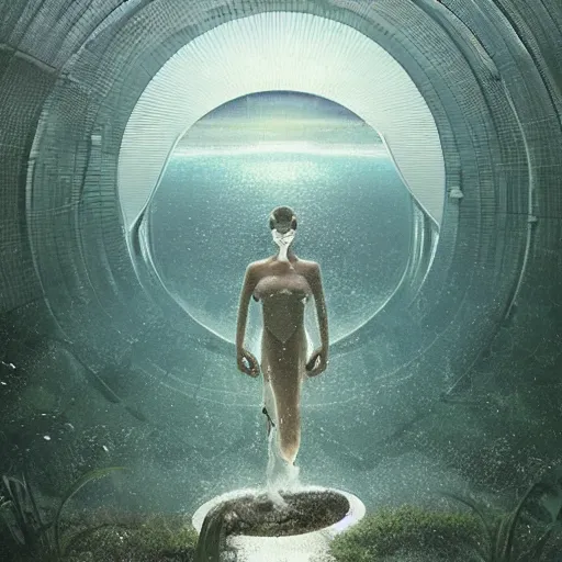 Image similar to minimalistic, hyperrealistic surrealism, award winning masterpiece with incredible details, epic stunning, infinity pool, an astronaut alone inside an empty dark flooded ballroom overgrown with aquatic plants, highly detailed, trending on ArtStation, artgerm and greg rutkowski and alphonse mucha, daily deviation, IAMAG