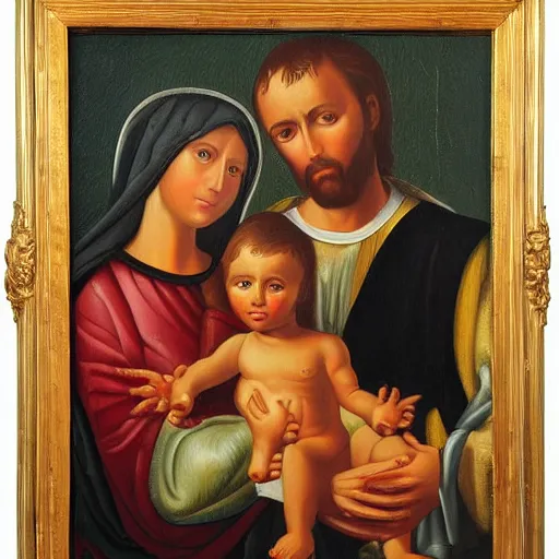 Image similar to a very detailed oil painting of the Holy Family, very detailed faces, by Andrea Vaccaro