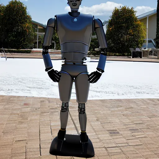 Image similar to a realistic detailed photo of a guy who is an attractive humanoid who is half robot and half humanoid, who is a male android, soccer player timo werner, shiny skin, posing like a statue, blank stare, by the pool, on display, showing off his muscles, humanoid robot, frozen ice statue, made of ice