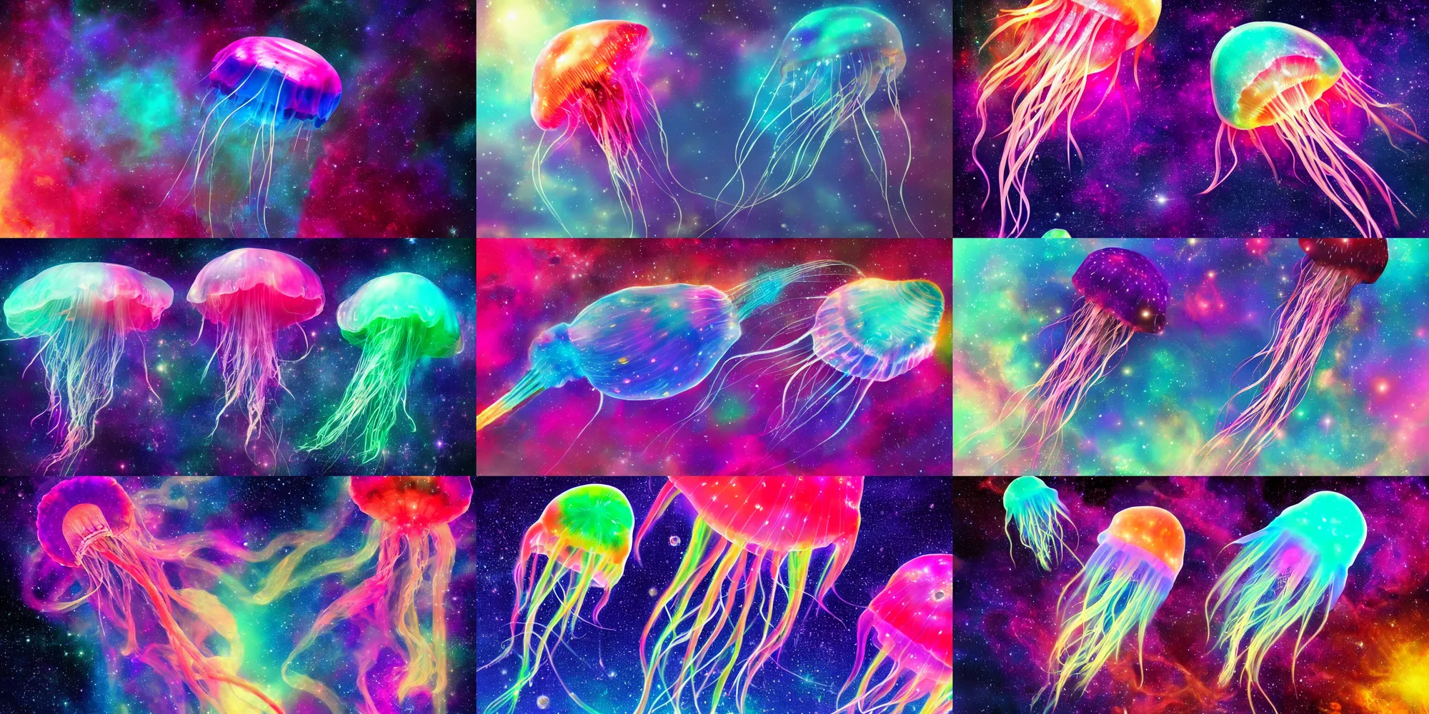 Prompt: Colorful transparant jellyfish floating in space, nebula, beautiful colors, highly detailed, trending on ArtStation, digital art.