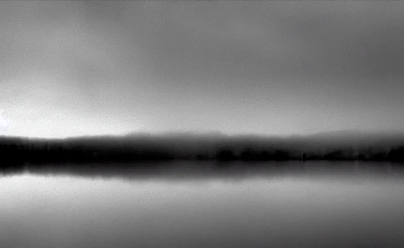 Image similar to low angle camera lens is just above the water surface of a lake, scene from a film directed by charlie kaufman ( 2 0 0 1 ), foggy volumetric light morning, extremely moody, cinematic, anamorphic lens wide angle