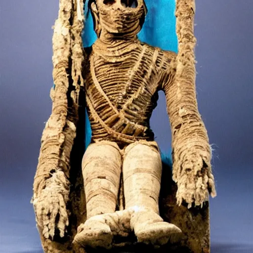 Prompt: a mummy holding a scepte, sit on an ice throne ultrarealistic