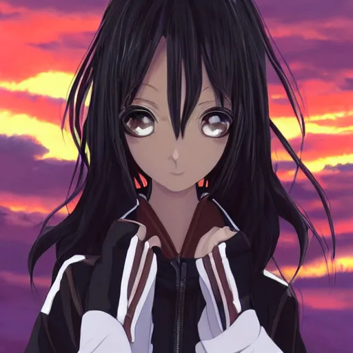 Image similar to black - haired anime girl, 1 7 - year - old anime girl with long bob cut, gothic jacket, golden hour, partly cloudy sky, red clouds, orange sky, strong lighting, strong shadows, vivid hues, ultra - realistic, sharp details, subsurface scattering, intricate details, art by artgerm, greg rutkowski, 2 0 1 9 anime screenshot