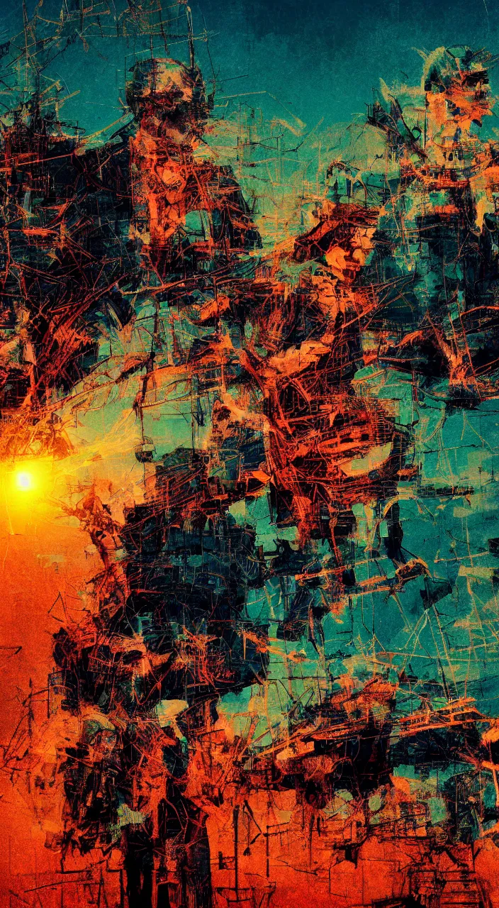 Image similar to pixel sorting in the style of ralph steadman, gearlord digital celluar automata, vivid dusk sunlight, color film grain, ultra realistic