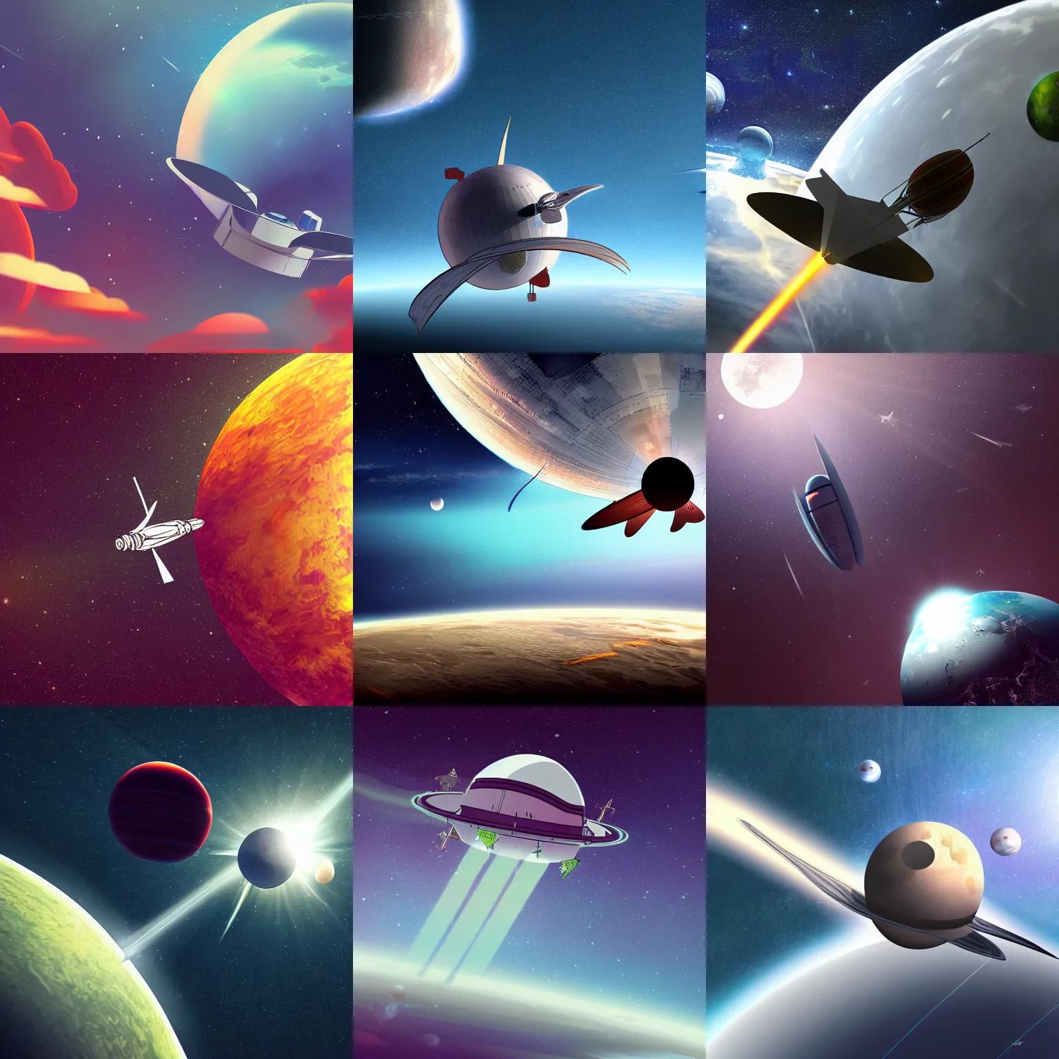 Prompt: spaceship orbiting a planet, peaceful, beautiful digital art, pixiv, apollo, sputnik