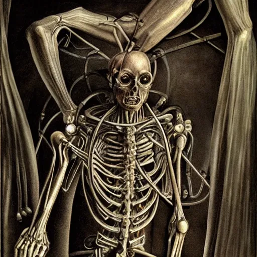 Image similar to unsettling scary terrifying bio mechanical cyborg post human, physically accurate, dramatic dynamic lighting, intricate, elegant, highly detailed, hyperrealistic, HR GIGER, very Bensinski, Hieronymus Bosch, Francis Bacon, smooth, sharp focus