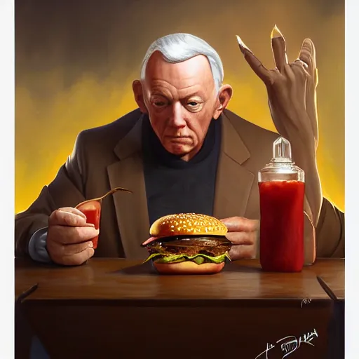 Prompt: portrait of Jerry Jones eating hamburgers, extra onions and ketchup, luscious patty with sesame seeds, feminine ethereal, handsome, D&D, fantasy, intricate, elegant, highly detailed, digital painting, artstation, concept art, matte, sharp focus, illustration, art by Artgerm and Greg Rutkowski and Alphonse Mucha