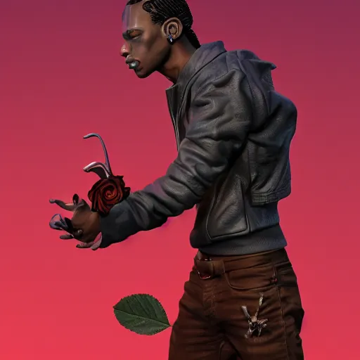 Image similar to travis scott holding black rose, zbrush, blender, digital art, trending on artstation,