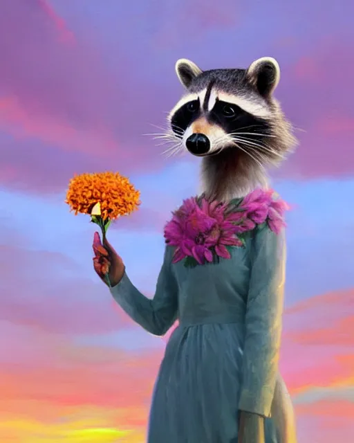 Prompt: closeup portrait beautiful female anthropomorphic raccoon wearing a dress on salt flats holding a flower, surreal photography, sunrise, dramatic light, impressionist painting, colorful clouds, digital painting, artstation, simon stalenhag