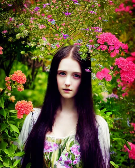 Prompt: an stunning beautiful girl is surrounded by colourful pre - raphaelites flowers and plants, symmetric face and eyes, manga style, long straight black hair, visible face 8 k, soft focus, melanchonic soft light, volumetric lighting, highly detailed realistic, refined, highly detailed, soft blur outdoor lighting, fine art fashion photography 5 0 mm f 2