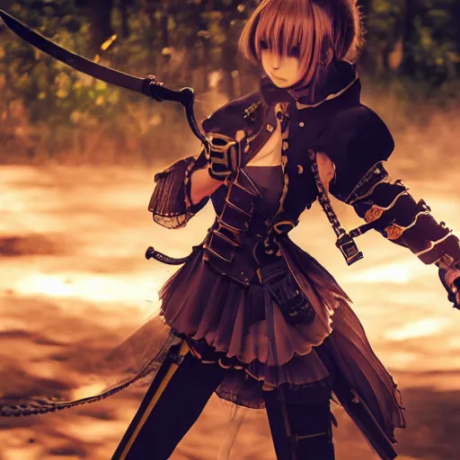 Image similar to smug anime girl with steampunk armor slicing in half a training dummy with a steampunk sword, extremely detailed, cinematic lighting, low angle, particles, clouds, trees,