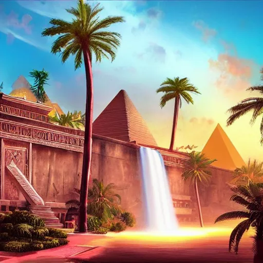 Image similar to old egyptian structures with waterfalls, epic retrowave art, trending on art station