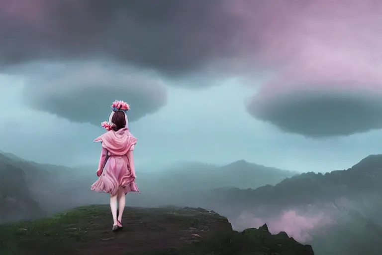 Image similar to giant dahlia flower crown under head, girl walking on mountain, surreal photography, pink and grey storm clouds, dramatic light, impressionist painting, digital painting, artstation, simon stalenhag