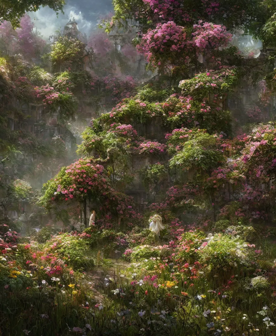 Prompt: Hyperrealistic Secret flower garden, fantasy, highly detailed, digital painting, trending artstation, concept art, illustration, art by Greg Rutkowski, octane render