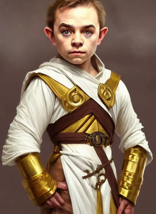 Image similar to symmetry!! oil painting dungeons & dragons portrait of a young halfling male cleric, white robe with gold accents, light brown hair pony tail, wry smirk, brown, gold and white cloak, necklace, elegant, highly detailed, artstation, concept art, smooth, sharp focus, illustration, art by artgerm and greg rutkowski and alphonse mucha