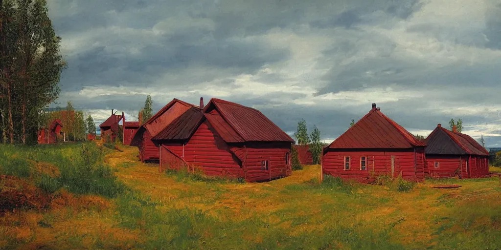 Prompt: a dramatic lighting view of dalarna, sweden, red and brown wooden cottages seen on a field, in the style of anders zorn