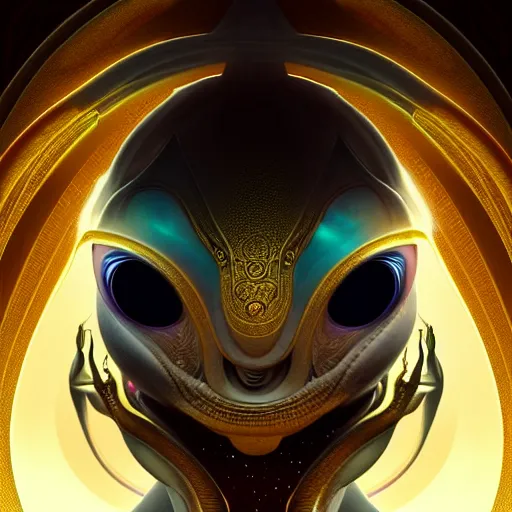 Prompt: hyper advanced alien evolved from dolphin, sci fi, glowing eyes, volumetric lights, gold theme, art nouveau botanicals, intricate, highly detailed, digital painting, artstation, concept art, smooth, sharp focus, cinematic, illustration, beautiful face, art by artgerm and greg rutkowski and alphonse mucha