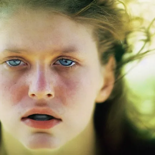 Prompt: a candid extreme closeup portrait of an expressive face of a super busy young woman by annie leibovitz
