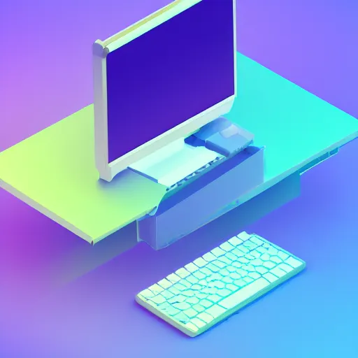 Image similar to isometric 3 d render of a computer, light blue, purple, light green, light yellow gradient, glow