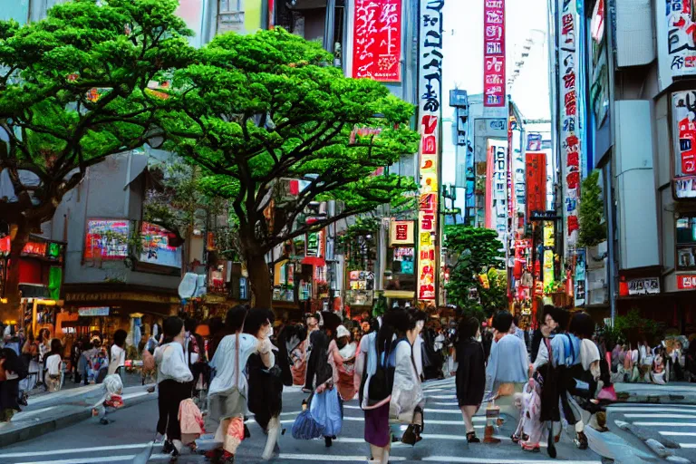 Prompt: Shibuya with traditional Japanese architecture, scene from a Studio Ghibli movie by Hayao Miyazaki