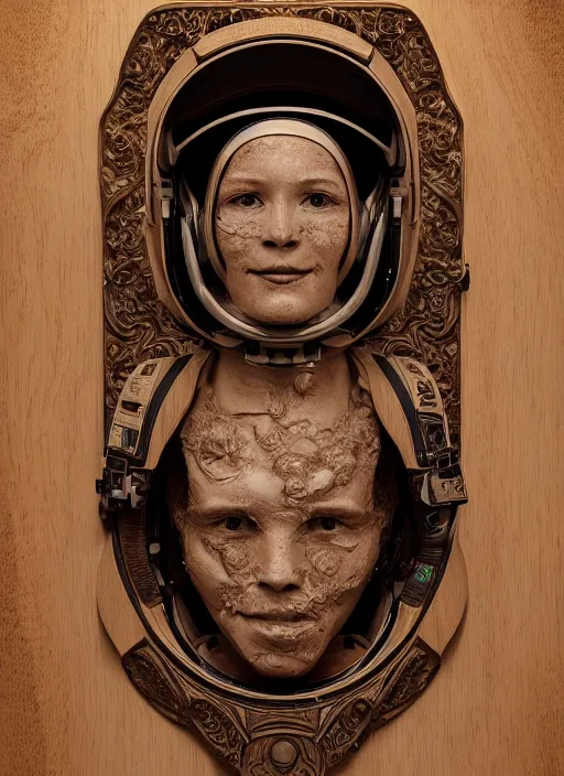 Image similar to high intricate portrait of an astronaut carved from wood in baroque style, studio light, maria panfilova, andrea savchenko, mike kime, ludovic plouffe, qi sheng luo, oliver cook, trending on artstation