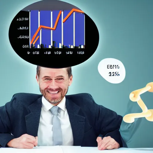 Image similar to hyperrealistic illustration cinematic hyperrealism happy businessman behind him is a statistical graph of high profits