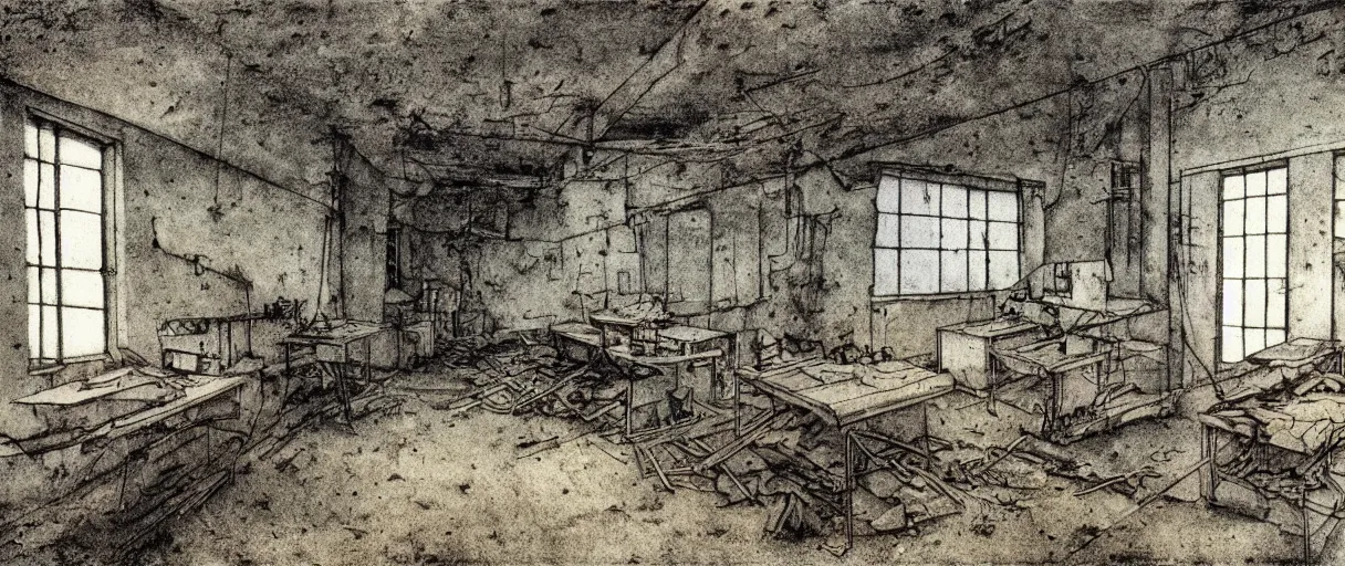 Prompt: abandoned laboroatory from cold war era, room full of cold war era computers, nuclear shelter, top secret industrial facillity, faded out colors, highly detailed muted colors, illustration by albrecht durer, fine art sketch