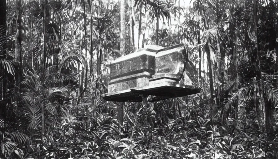 Image similar to lost film footage of a sacred object in the middle of the ( ( ( ( ( ( ( ( ( tropical jungle ) ) ) ) ) ) ) ) ) / film still / cinematic / enhanced / 1 9 2 0 s / black and white / grain