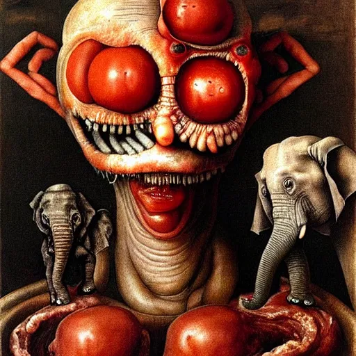 Image similar to a boy like eraserhead and elephant man sitting in a tub full of tomato sauce, looking straight into camera, screaming in desperation, by giuseppe arcimboldo and ambrosius benson, renaissance, fruit, intricate and intense oil paint, a touch of beksinski and hr giger, realistic