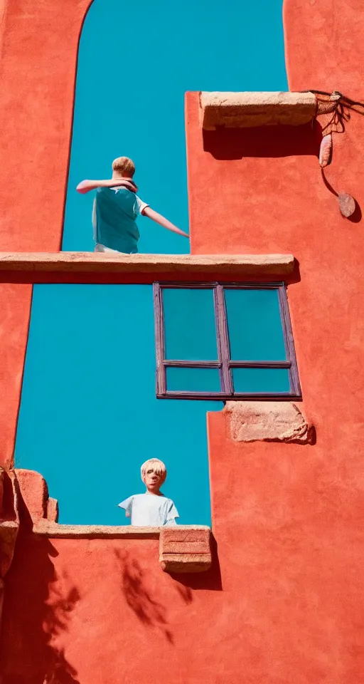 Image similar to blonde boy hanging out the window of pastel red ancient spanish architecture, teal sky behind the building, beautiful, minimalistic, aesthetic, two tone, photorealistic