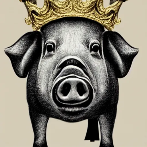 Prompt: Highly detailed pencil drawing of a pig wearing a gold crown