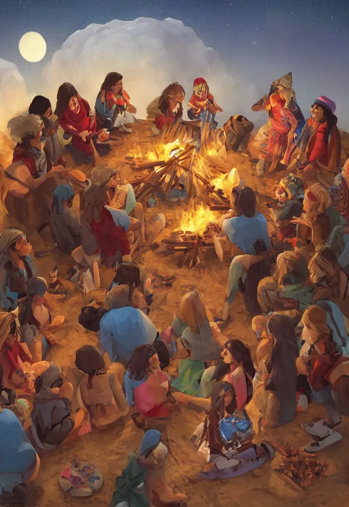 Prompt: realistic tribe gather around a bonfire with a pregnant woman as her leader, intense blue eyes, realistic, antartic night, aerial race